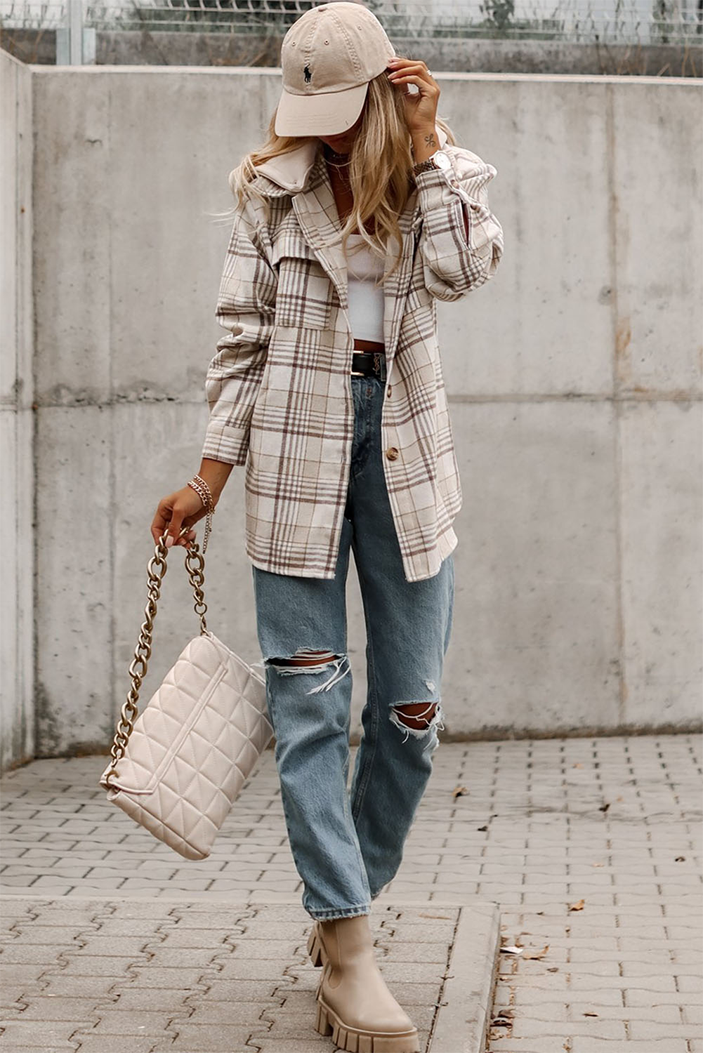 Lovesoft - Khaki Plaid Shirt emovable Hood Buttoned Shacket