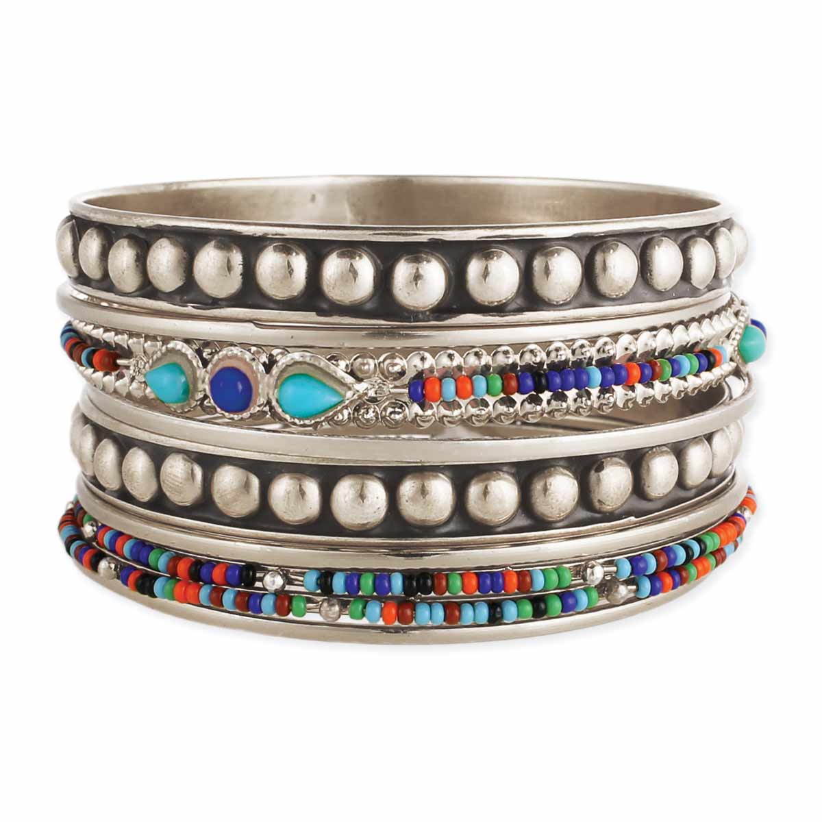 ZAD - Set of 9 Silver & Multi Bead Bangles