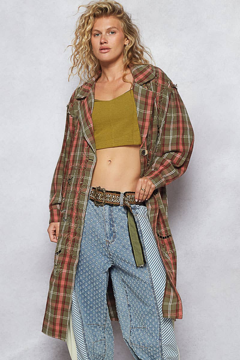 Pol Clothing - Lapel collar contrast stitch details plaid long jacket