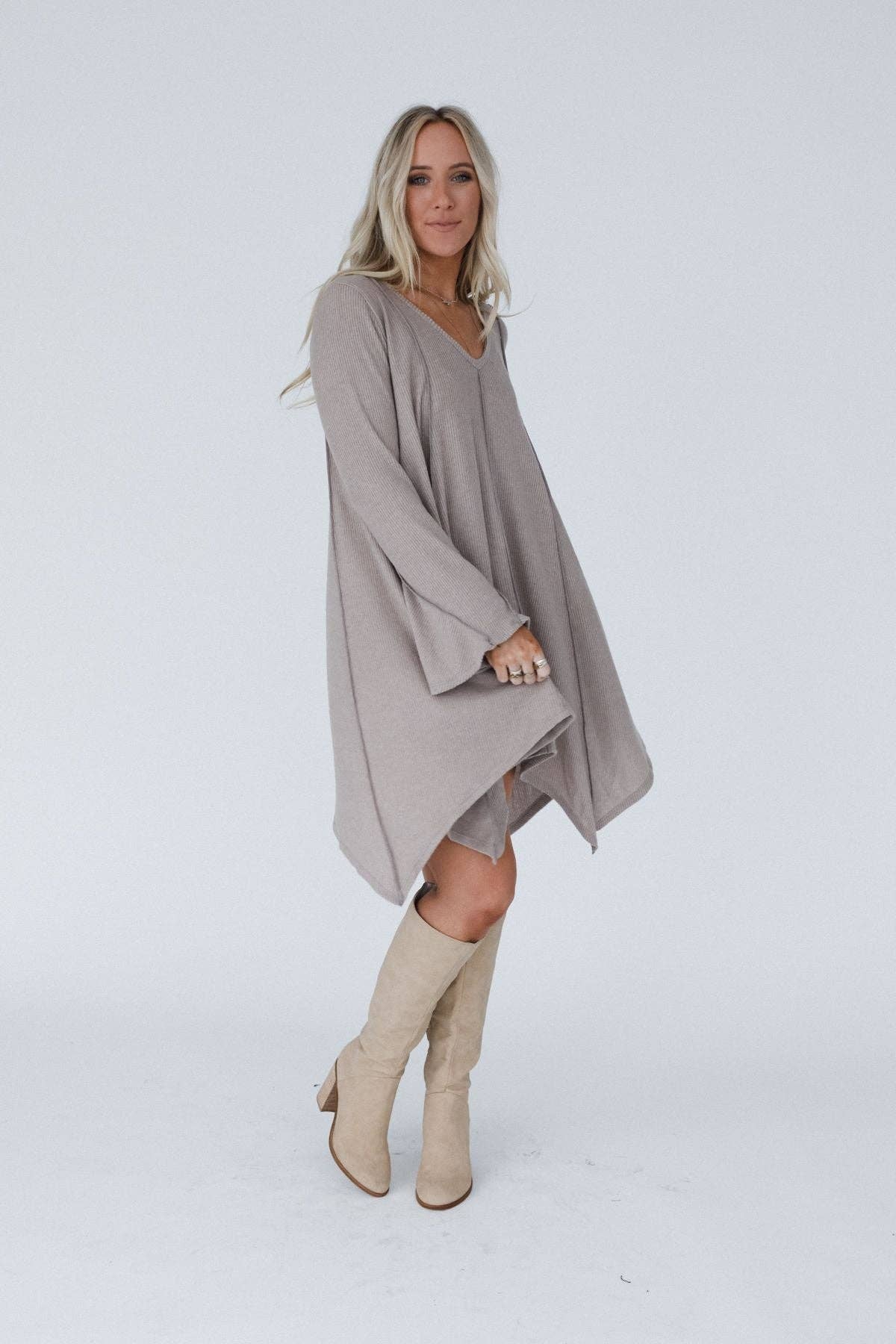 Three Bird Nest - Golden Hour Long Bell Sleeve Tunic Dress - Latte