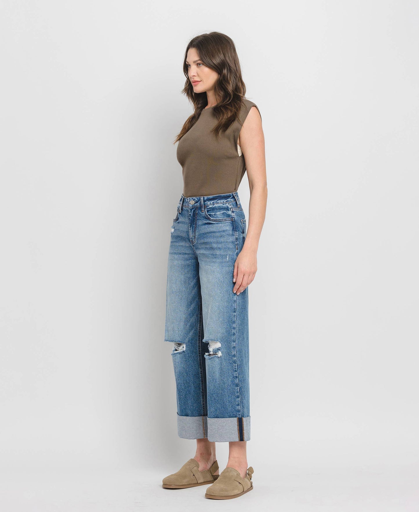 Lovervet by VERVET - SUPER HIGH RISE DOUBLE CUFFED BAGGY WIDE JEANS LV1459