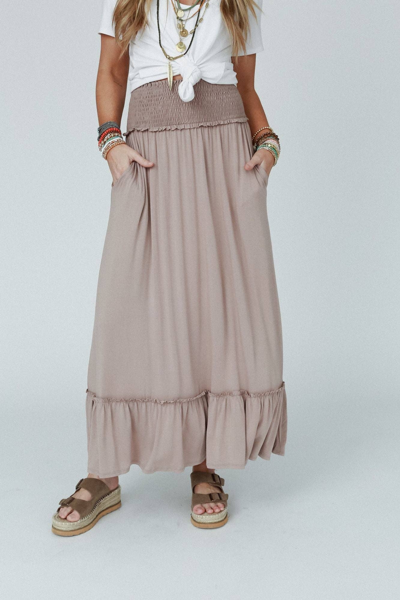 Three Bird Nest - Rustic Romance Smocked Maxi Skirt - Dark Mocha: