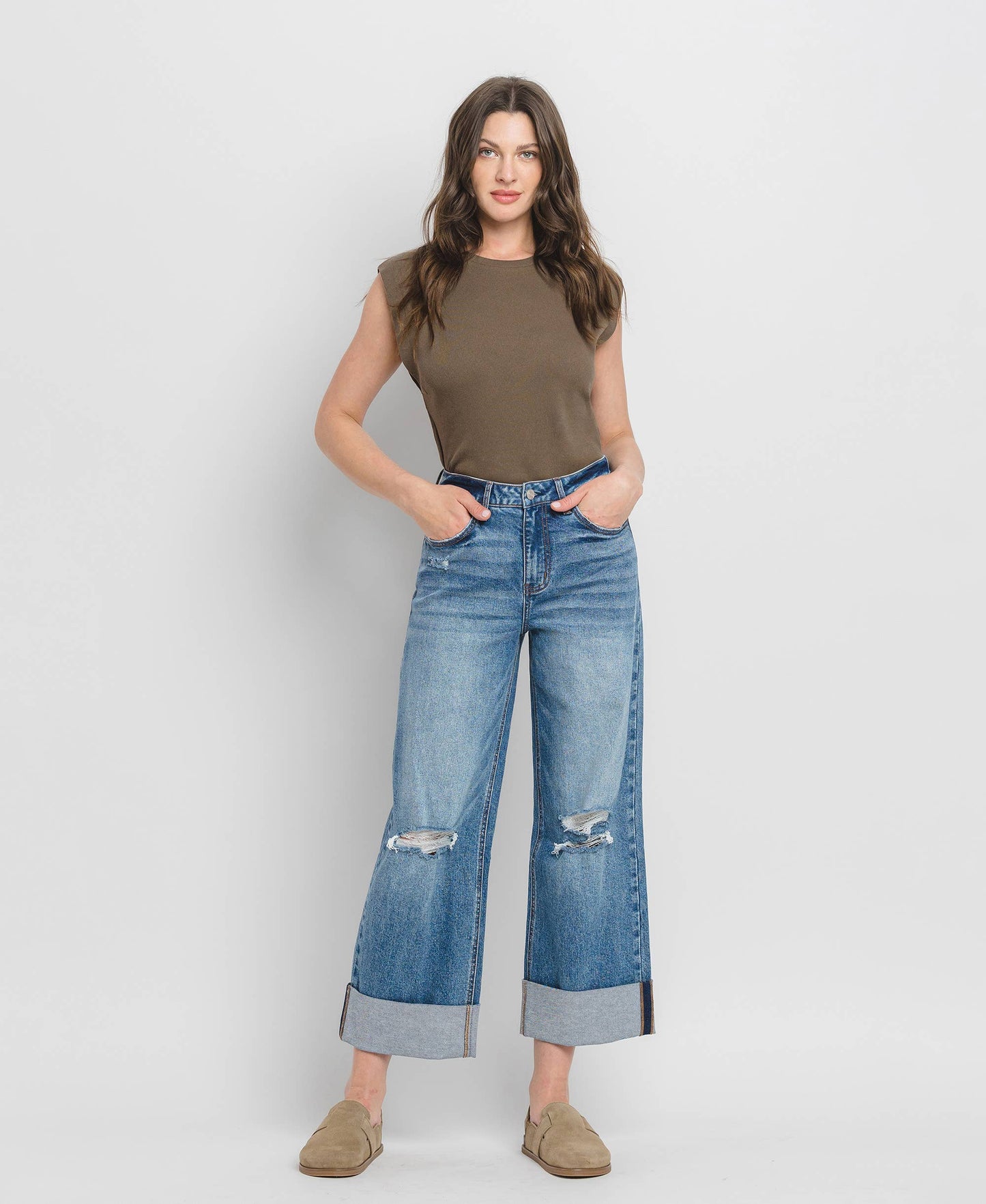 Lovervet by VERVET - SUPER HIGH RISE DOUBLE CUFFED BAGGY WIDE JEANS LV1459