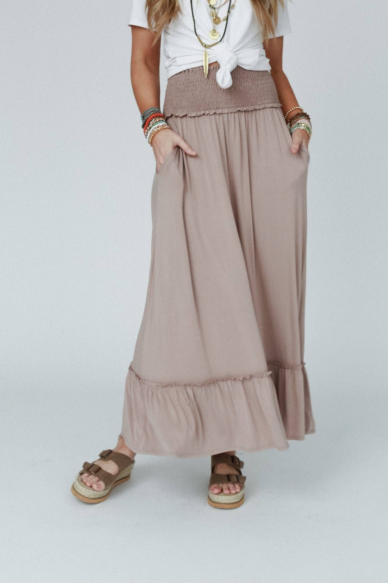 Three Bird Nest - Rustic Romance Smocked Maxi Skirt - Dark Mocha: