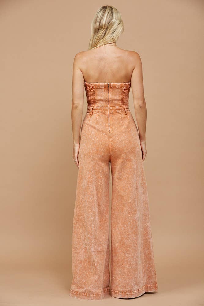 WISTERIA LANE - BOHO MINERAL WASH WIDE LEG DENIM JUMPSUIT
