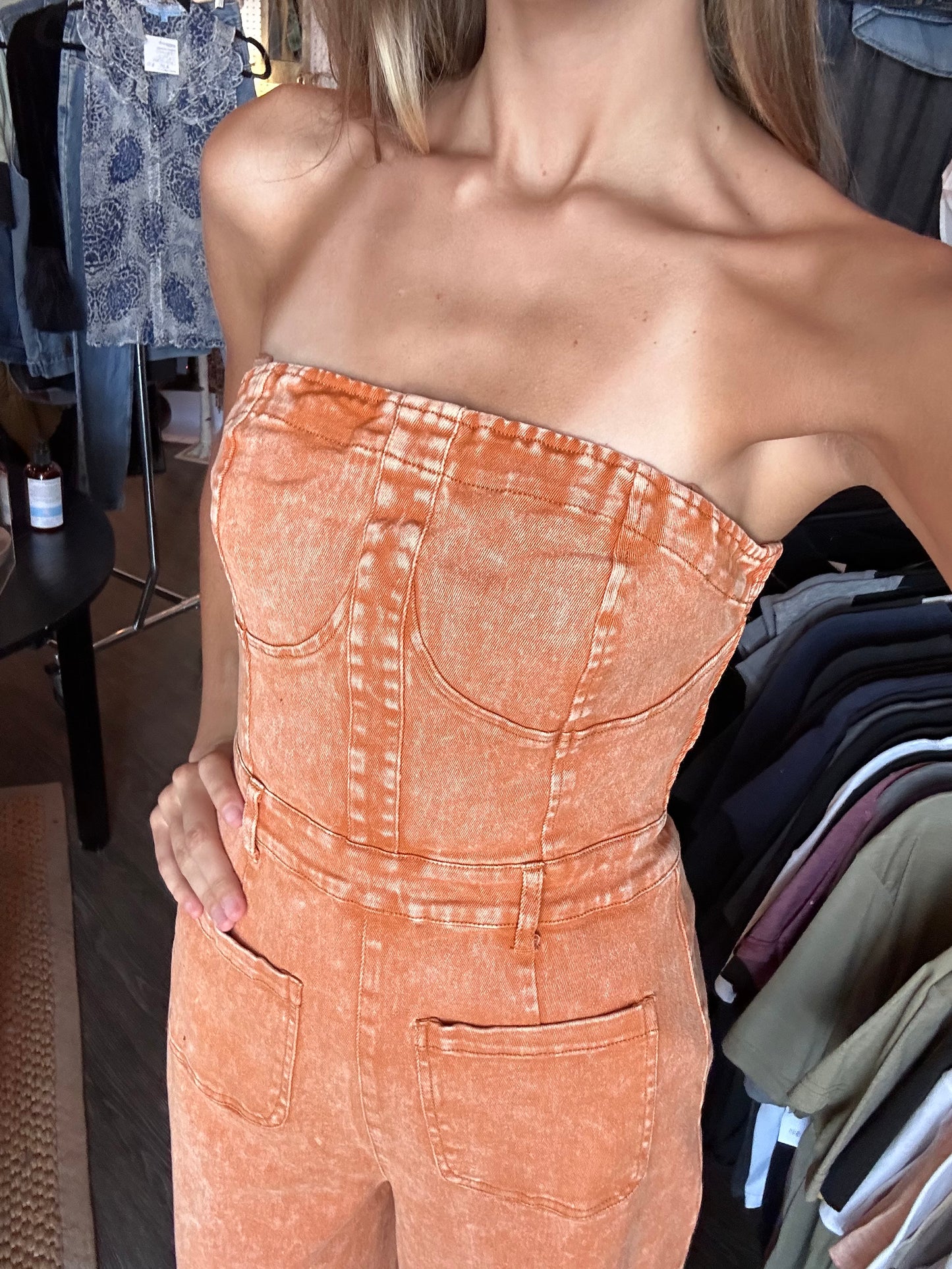 WISTERIA LANE - BOHO MINERAL WASH WIDE LEG DENIM JUMPSUIT