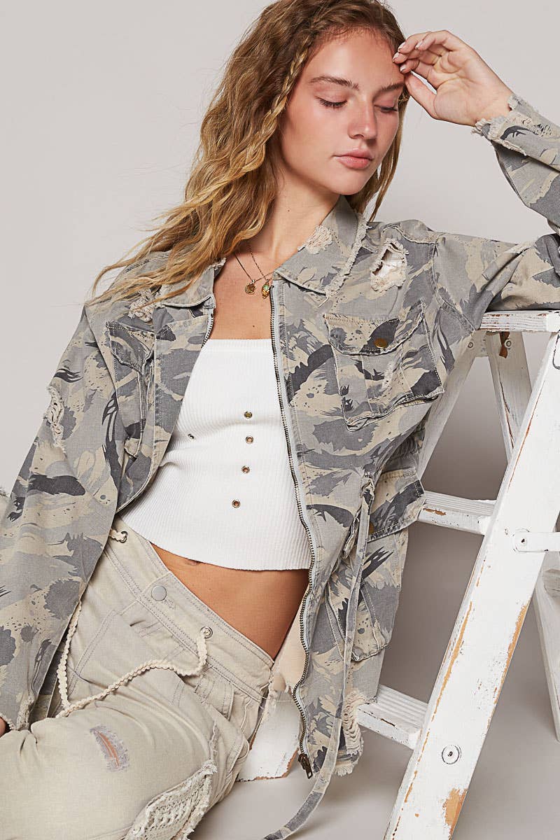 Zipper camo print jacket with pockets