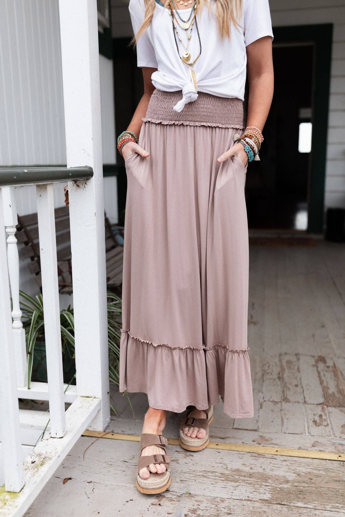 Three Bird Nest - Rustic Romance Smocked Maxi Skirt - Dark Mocha: