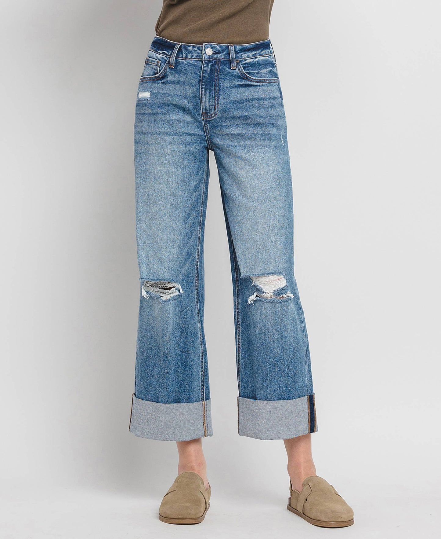 Lovervet by VERVET - SUPER HIGH RISE DOUBLE CUFFED BAGGY WIDE JEANS LV1459