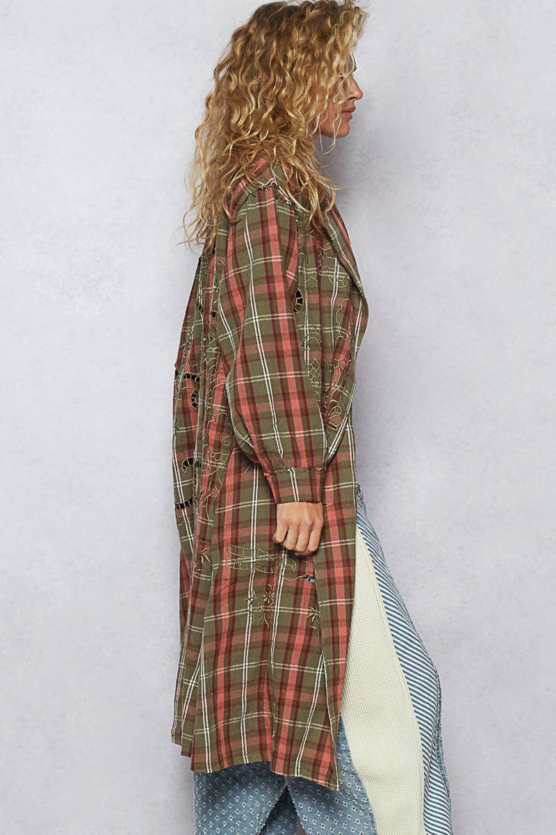 Pol Clothing - Lapel collar contrast stitch details plaid long jacket