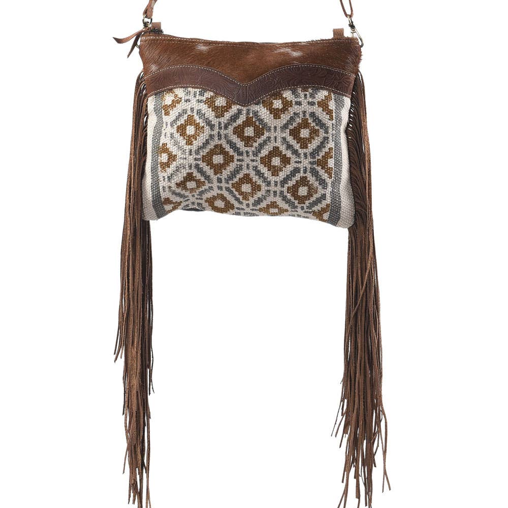 Clea Ray Canvas Bags & Clothing - Brown and Blue Crossbody With Fringe Fur and Canvas