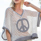 Pol Clothing - Oversize v-neck short sleeve peace sign sweater: IVORY/GREY