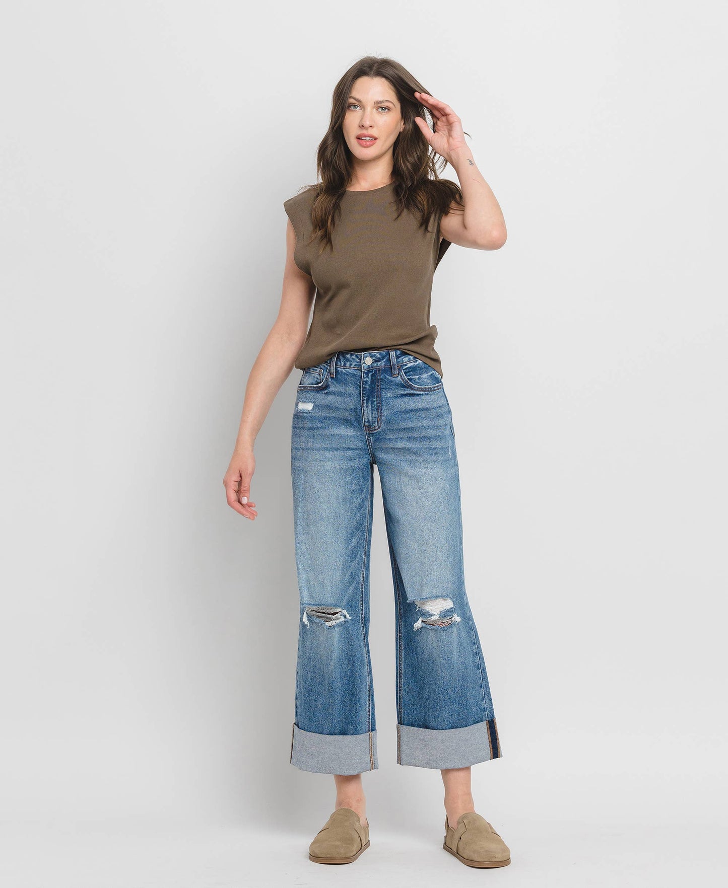 Lovervet by VERVET - SUPER HIGH RISE DOUBLE CUFFED BAGGY WIDE JEANS LV1459