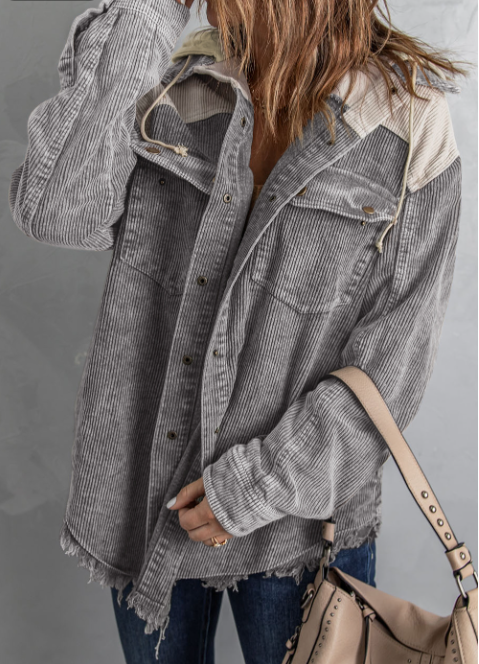 Lovesoft - Patchwork Hooded Corduroy Shacket Coat