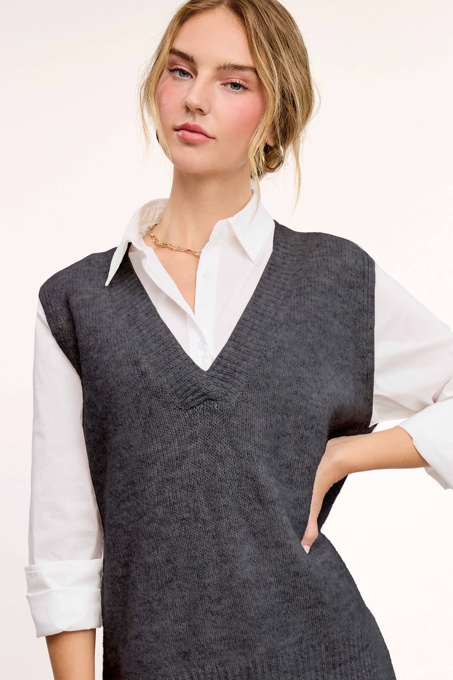 La Miel - MCS3589-Oversized Soft Knit Sweater Vest with Side Slit