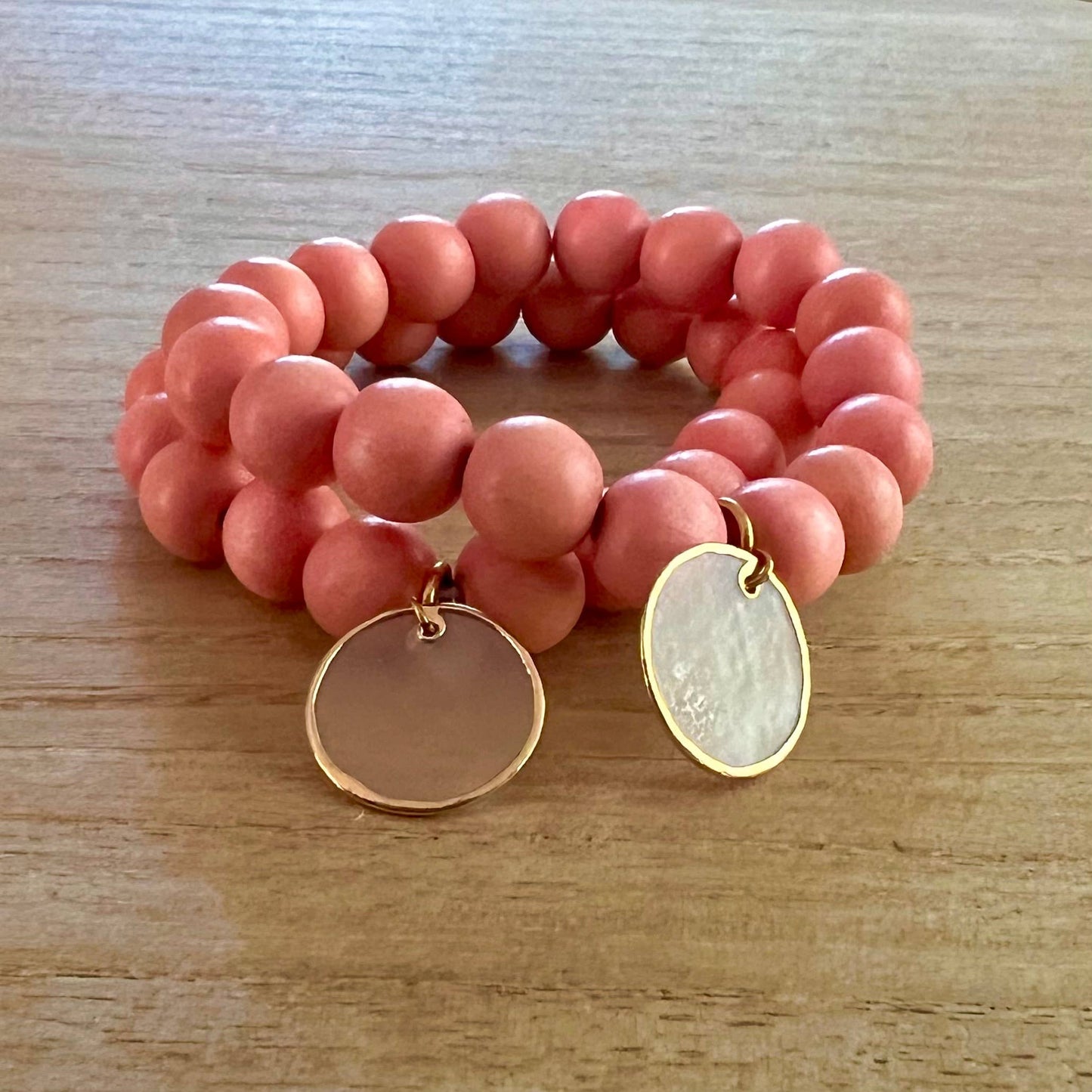 Nellie Pratt Artisan Jewelry - Charmed Life- wood shell beachy boho stretch bracelet: Light Pink