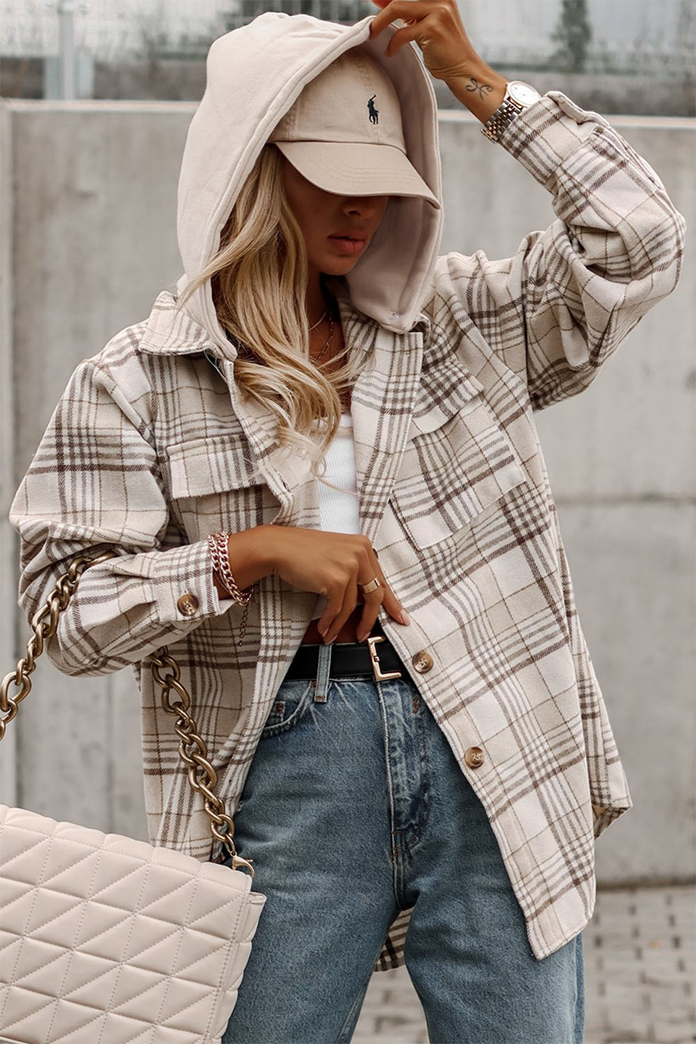 Lovesoft - Khaki Plaid Shirt emovable Hood Buttoned Shacket