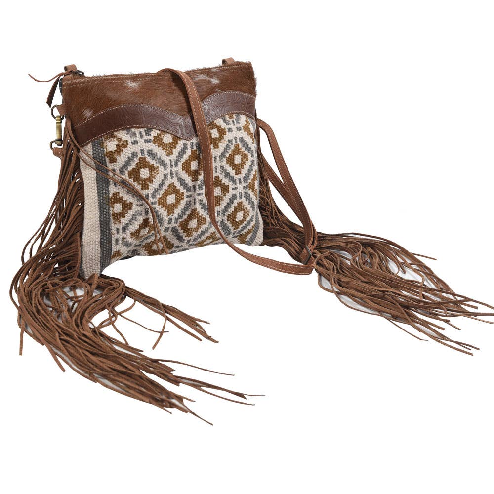 Clea Ray Canvas Bags & Clothing - Brown and Blue Crossbody With Fringe Fur and Canvas
