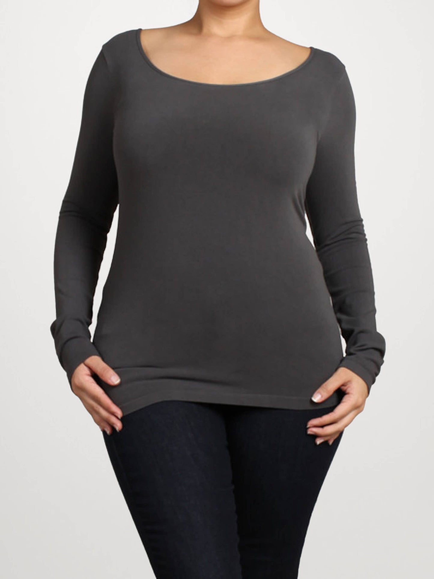 M.Rena - Long-Sleeve Round Neck Bodycon Top (Plus Size)