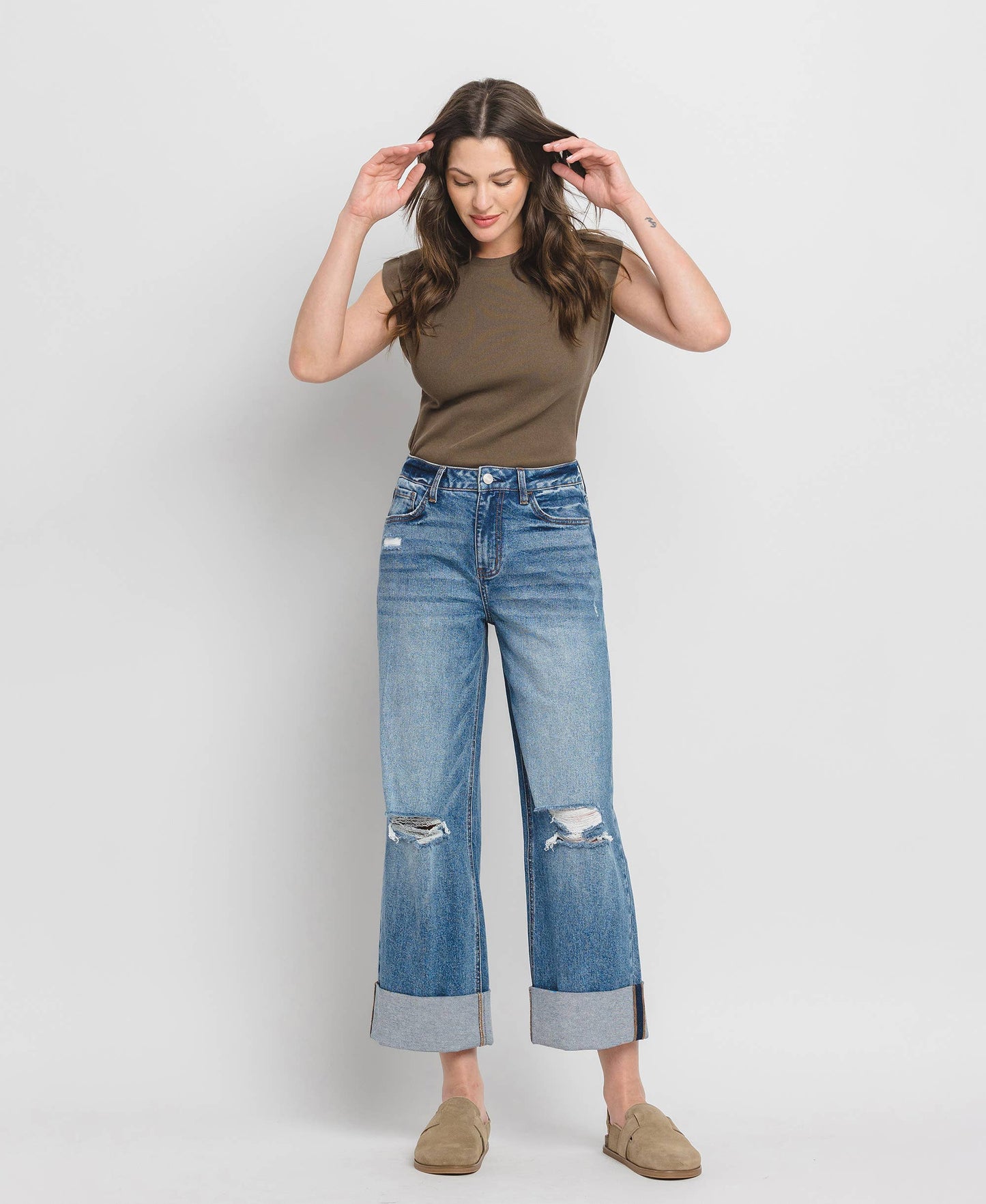Lovervet by VERVET - SUPER HIGH RISE DOUBLE CUFFED BAGGY WIDE JEANS LV1459