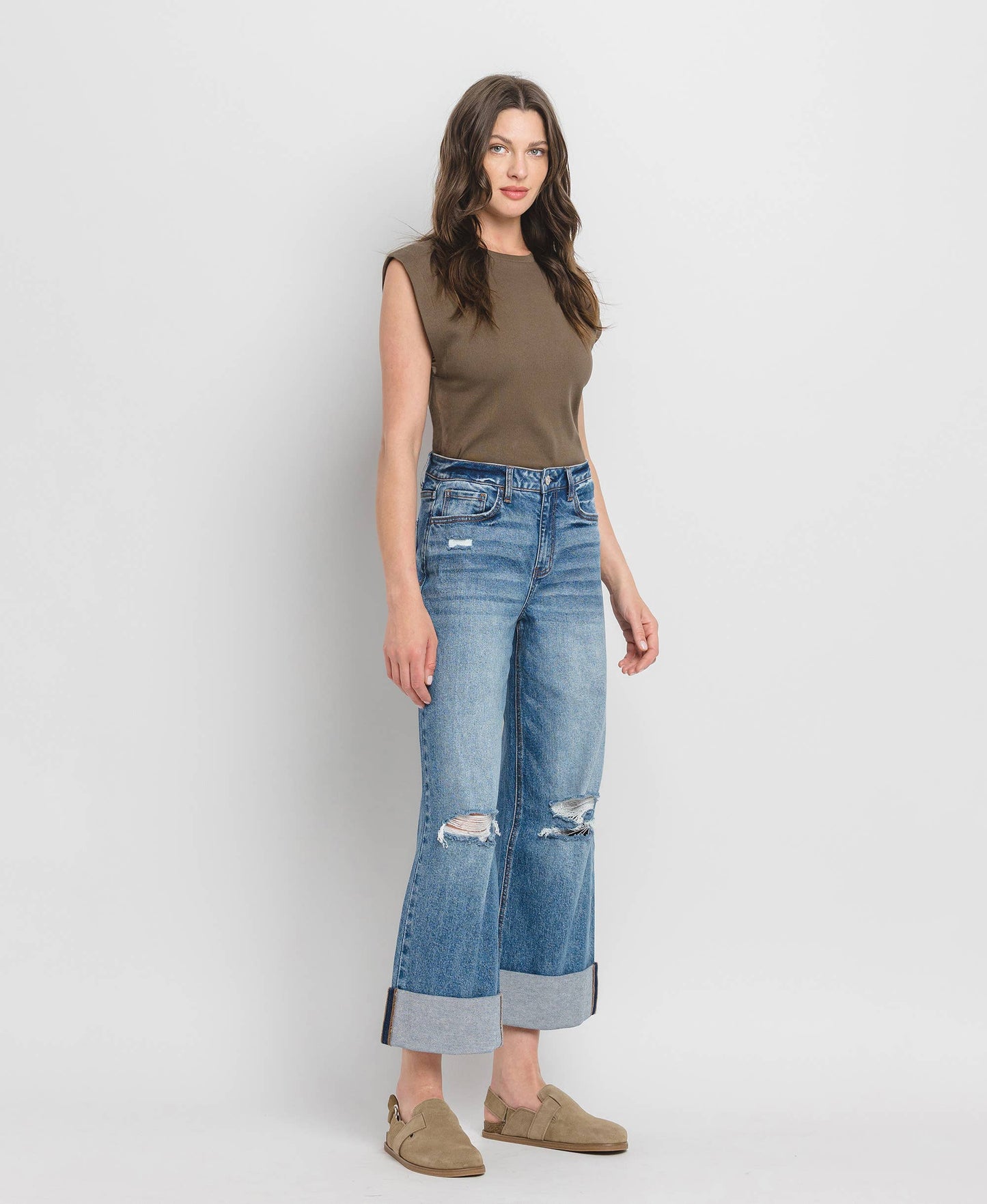 Lovervet by VERVET - SUPER HIGH RISE DOUBLE CUFFED BAGGY WIDE JEANS LV1459