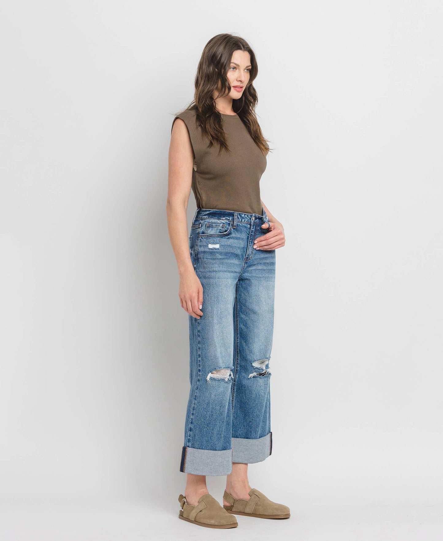 Lovervet by VERVET - SUPER HIGH RISE DOUBLE CUFFED BAGGY WIDE JEANS LV1459