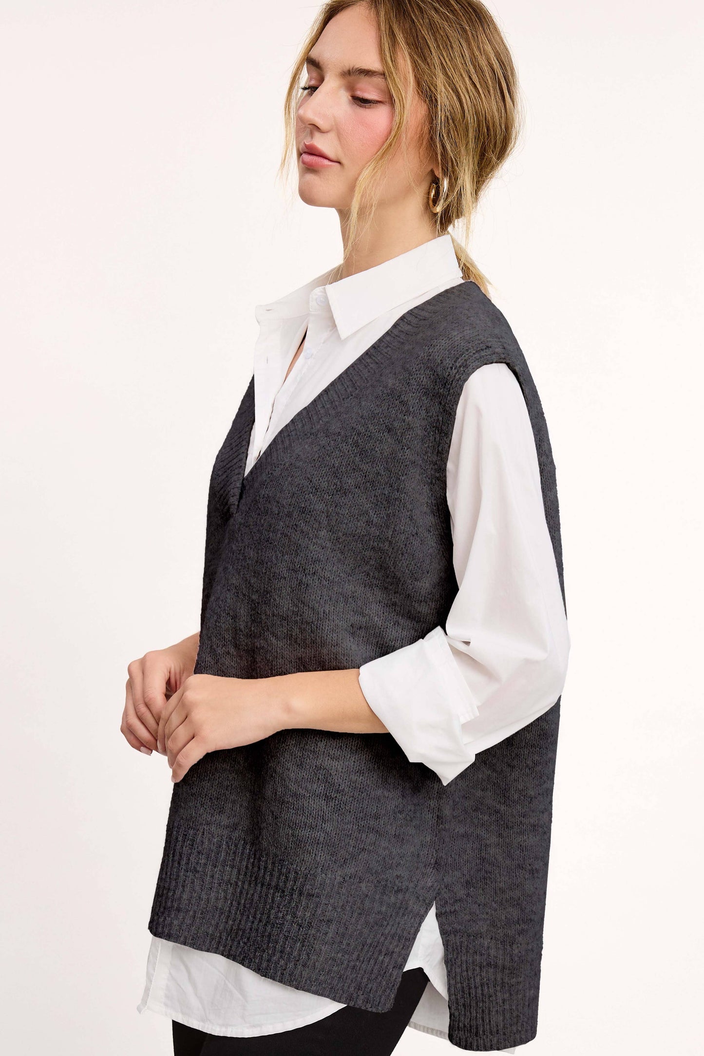 La Miel - MCS3589-Oversized Soft Knit Sweater Vest with Side Slit