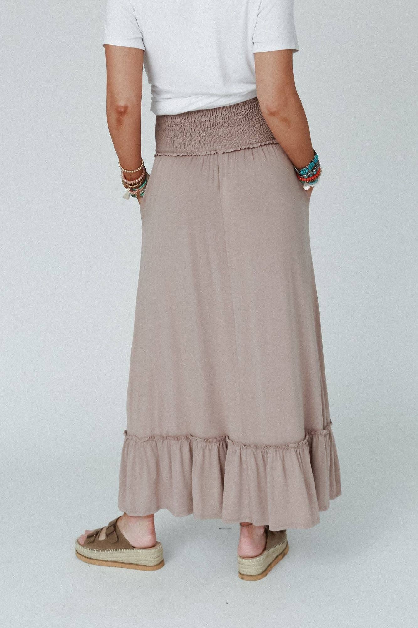 Three Bird Nest - Rustic Romance Smocked Maxi Skirt - Dark Mocha: