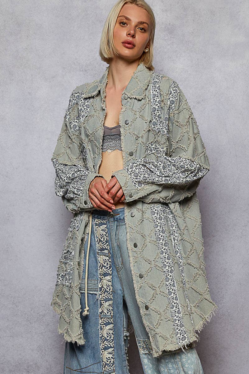 Pol Clothing - Oversize balloon long sleeve crochet print patch shacket