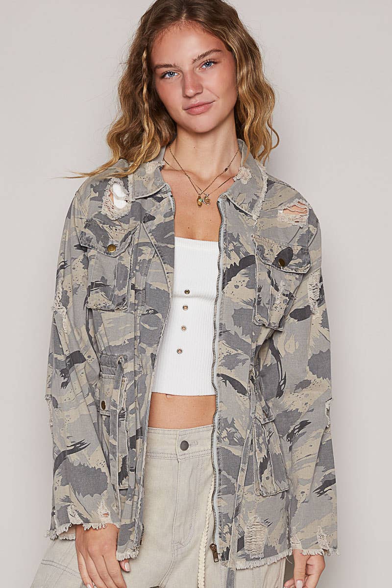 Zipper camo print jacket with pockets