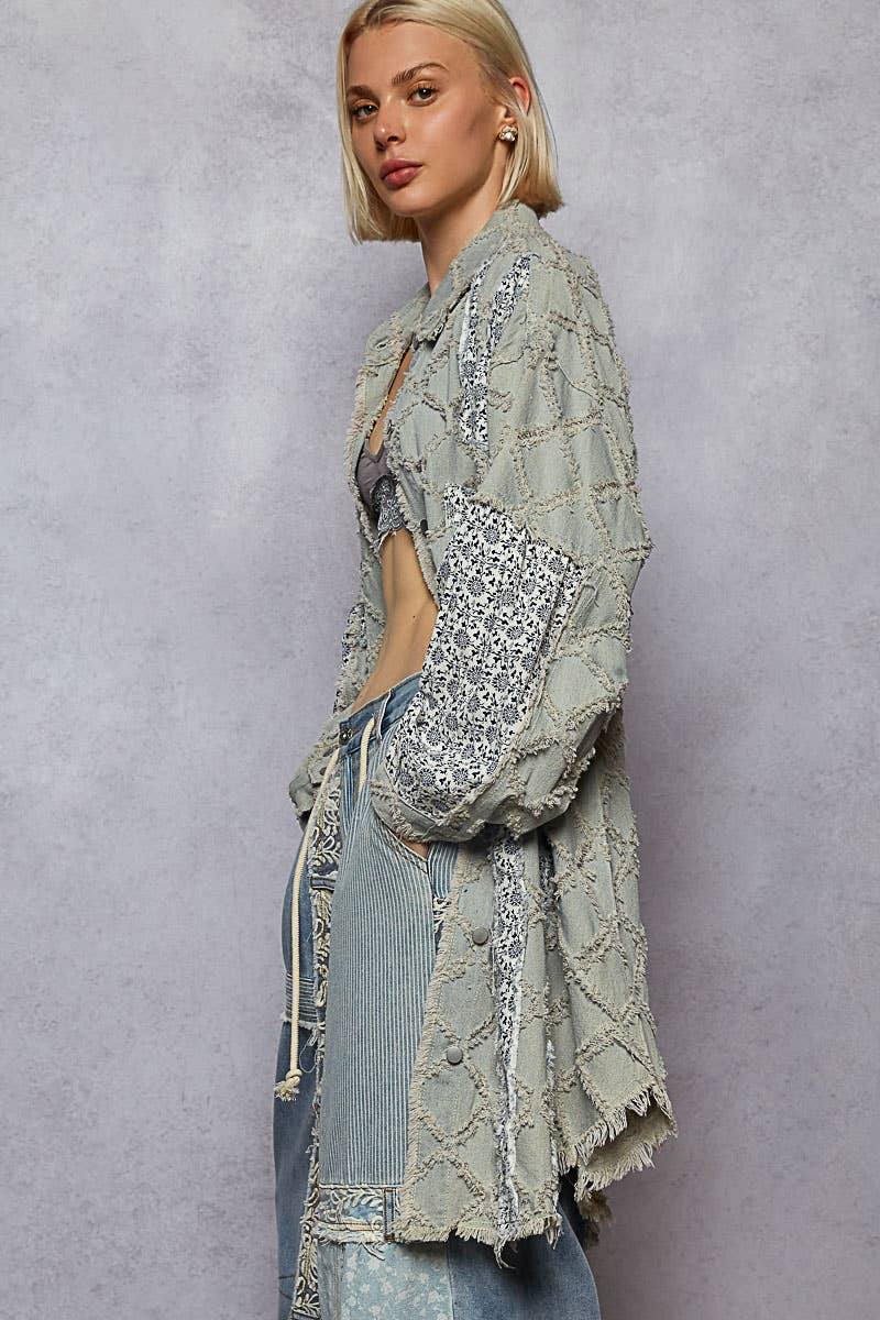 Pol Clothing - Oversize balloon long sleeve crochet print patch shacket