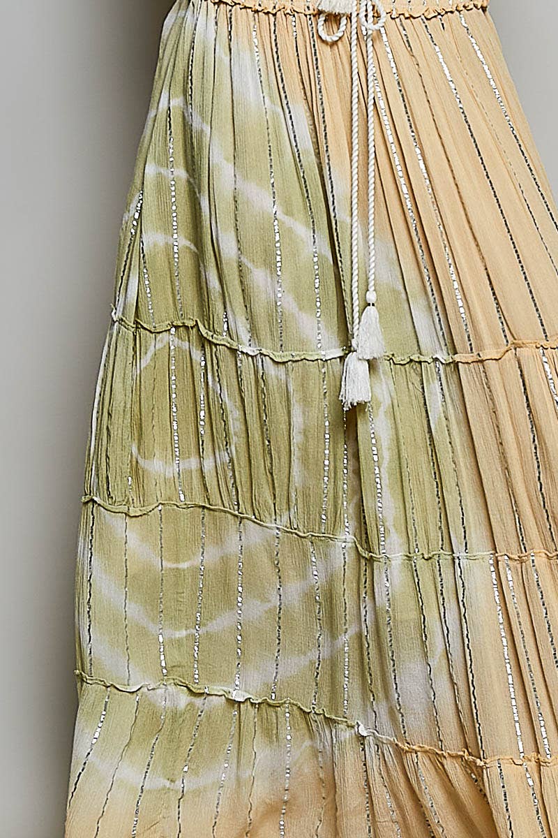 Pol Clothing - Smocked Waist Tassel Tie Tiered Maxi Skirt