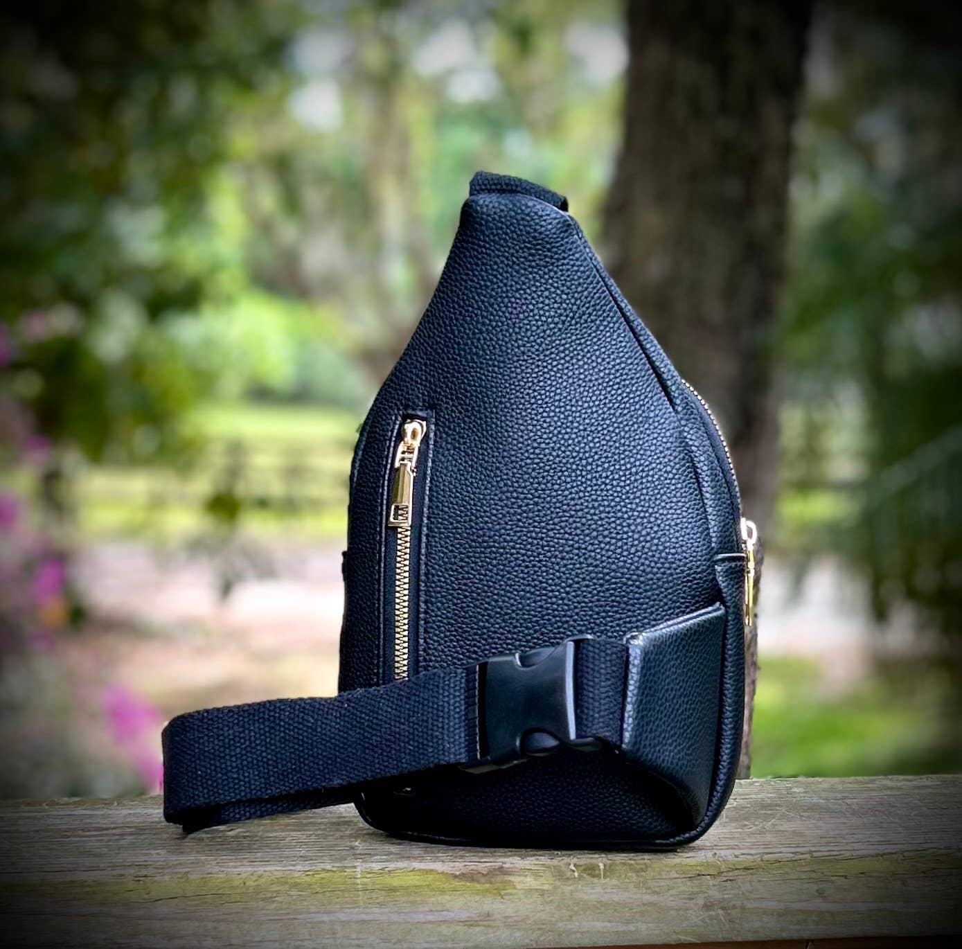 Southern Junkie Gypsy Boutique - Upcycled Black Vegan Leather Sling Bag Handbag Bum Bag