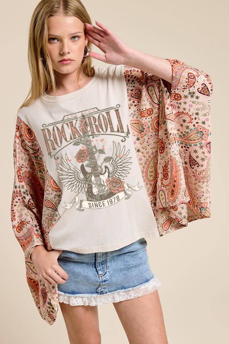 Zutter - Rock N Roll Vintage Graphic Rustic Sheer Sleeves Kaftan Top
