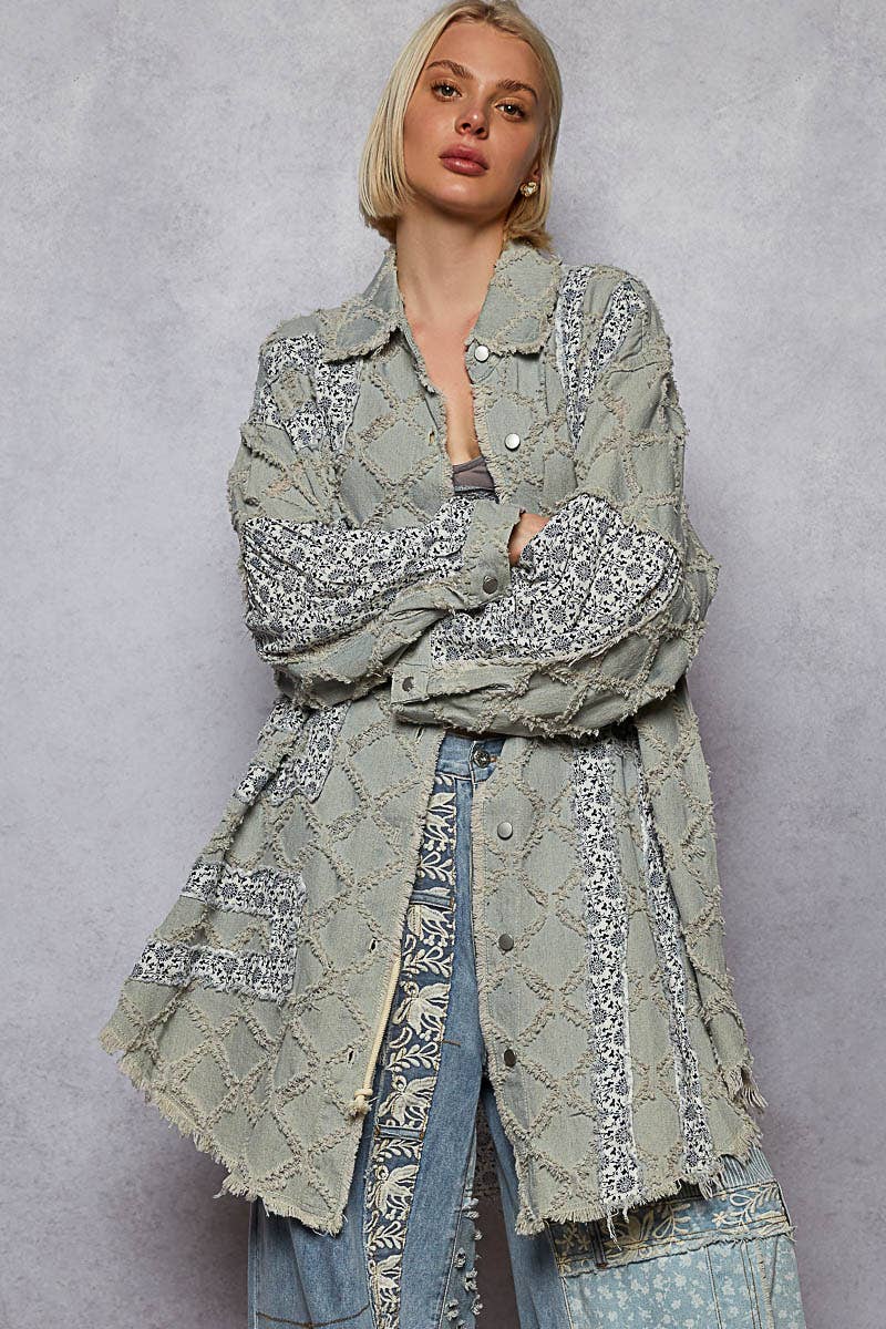 Pol Clothing - Oversize balloon long sleeve crochet print patch shacket