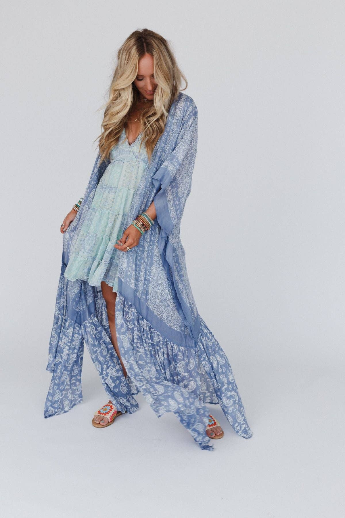 Three Bird Nest - Paisley Tapestry Free Flow Duster Kimono - Chambray