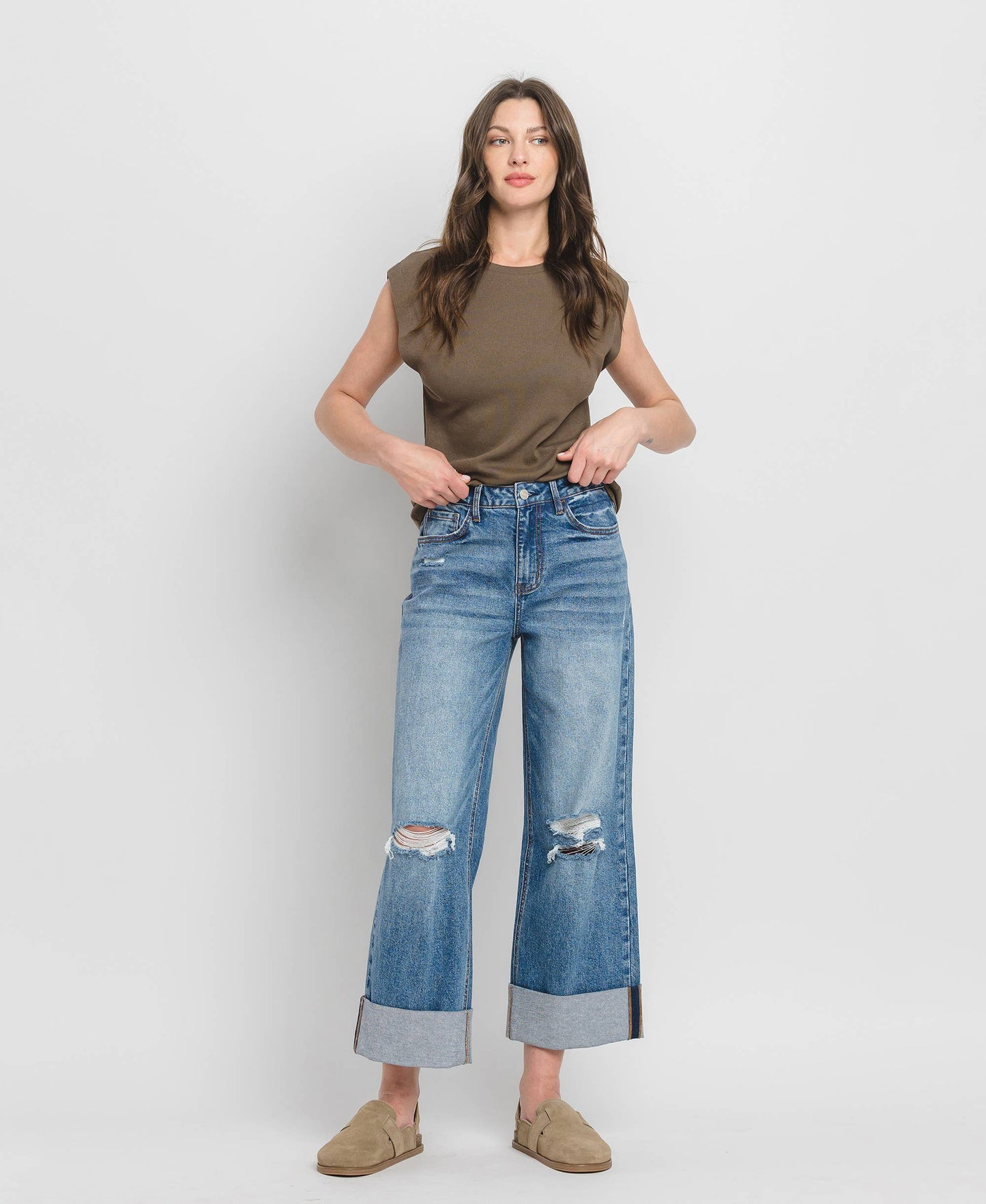 Lovervet by VERVET - SUPER HIGH RISE DOUBLE CUFFED BAGGY WIDE JEANS LV1459