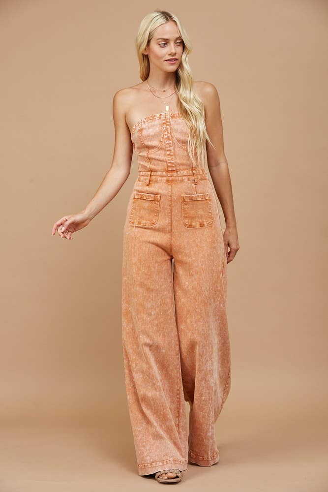 WISTERIA LANE - BOHO MINERAL WASH WIDE LEG DENIM JUMPSUIT