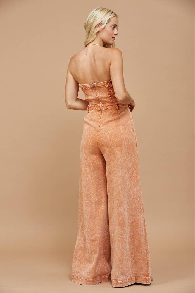 WISTERIA LANE - BOHO MINERAL WASH WIDE LEG DENIM JUMPSUIT