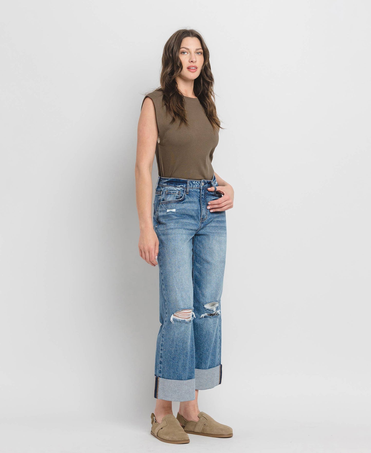 Lovervet by VERVET - SUPER HIGH RISE DOUBLE CUFFED BAGGY WIDE JEANS LV1459