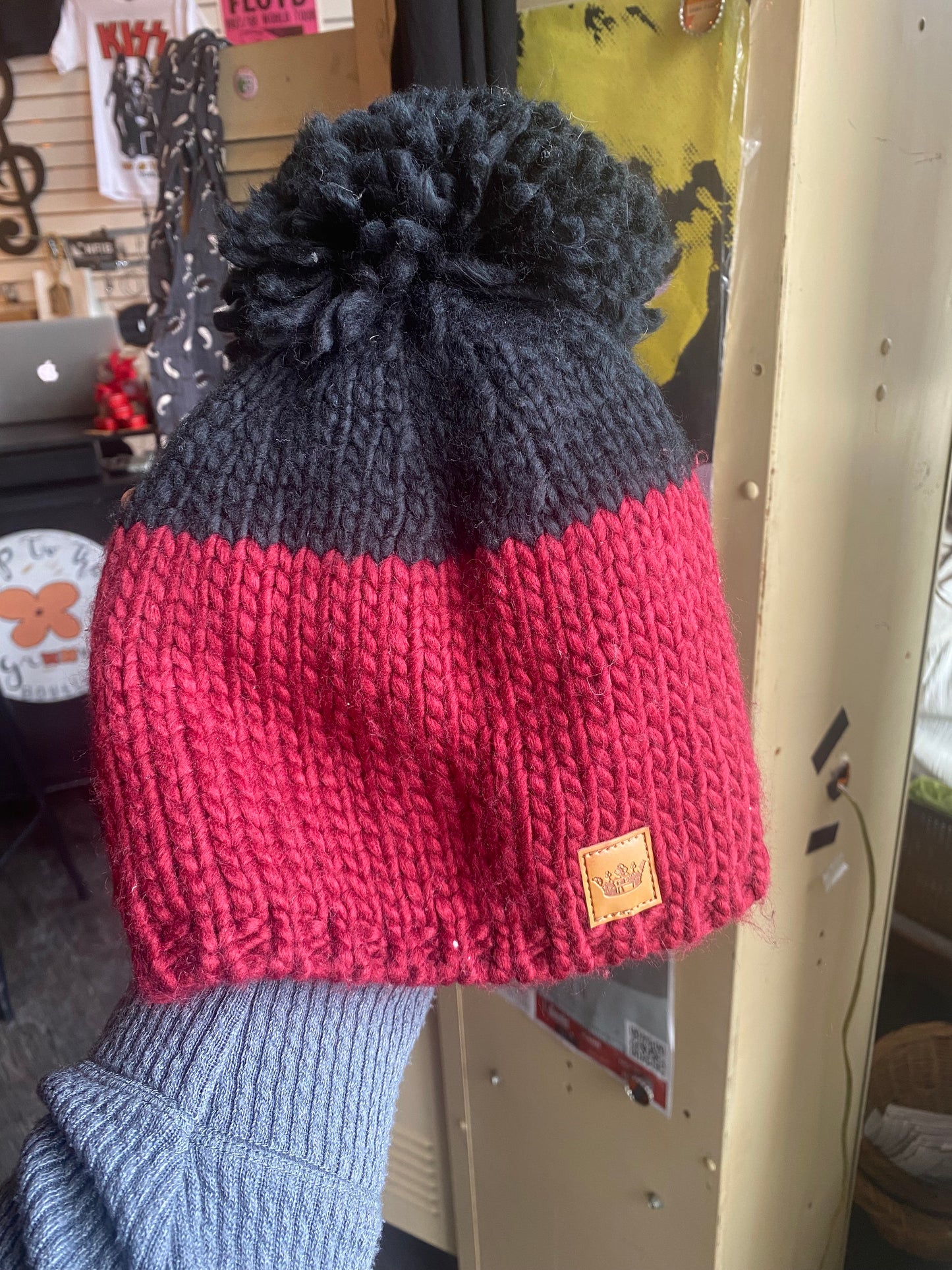 Red & Black Beanie with Pom