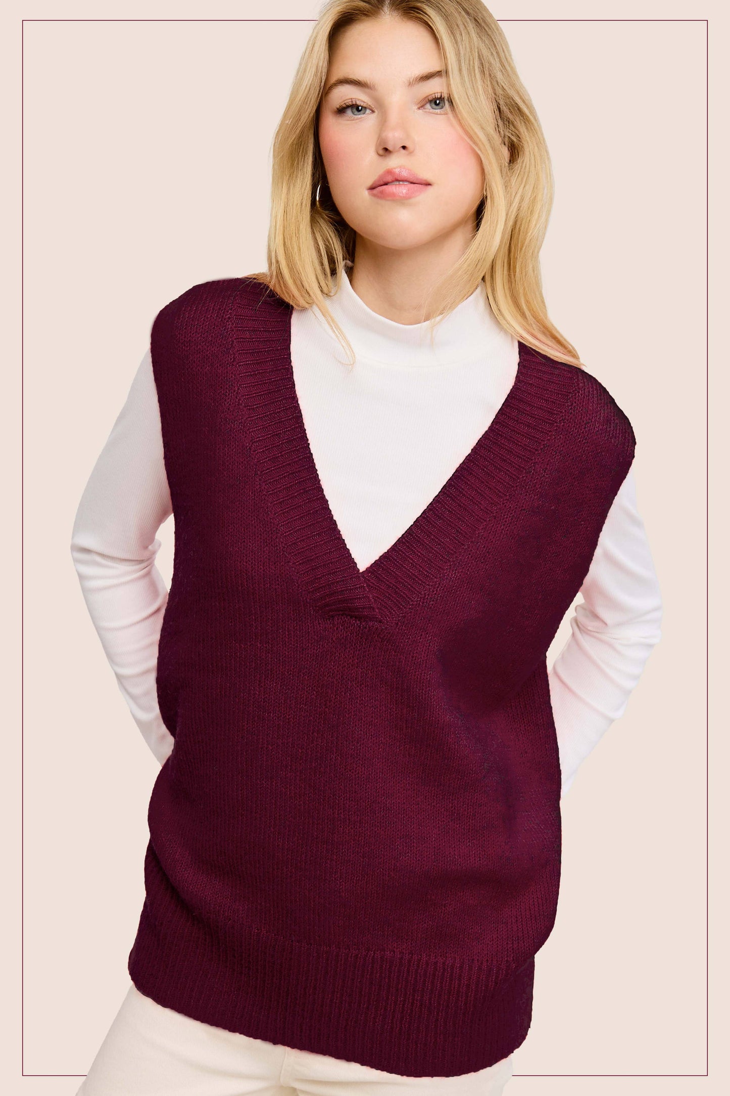 La Miel - MCS3589-Oversized Soft Knit Sweater Vest with Side Slit