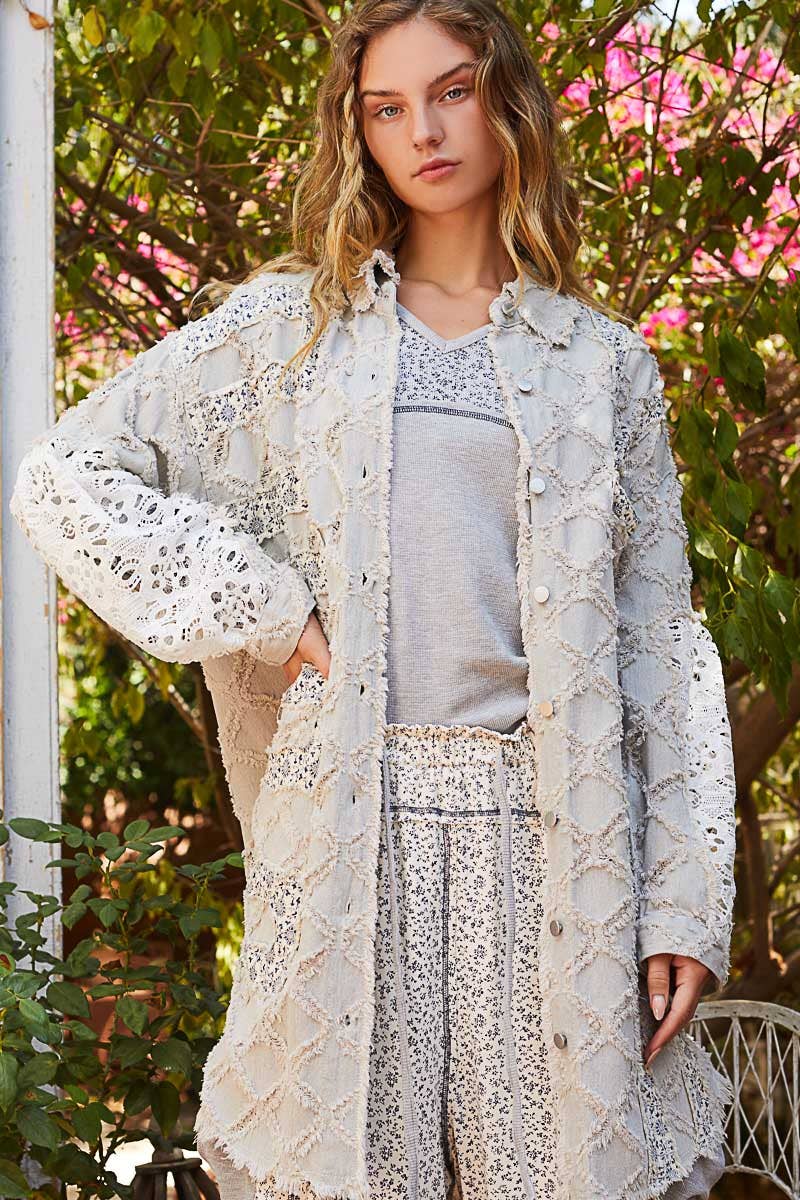 Pol Clothing - Oversize balloon long sleeve crochet print patch shacket