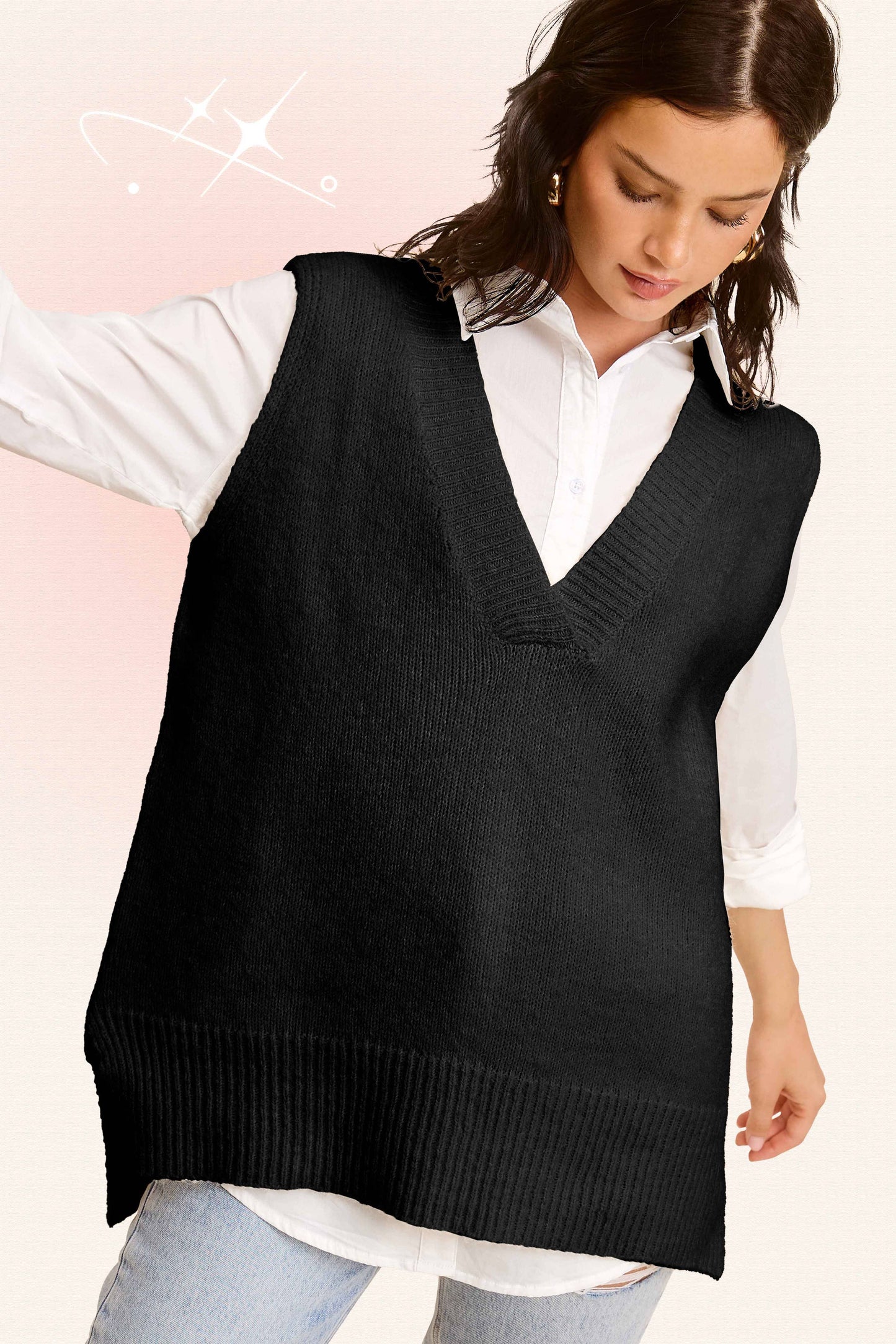 La Miel - MCS3589-Oversized Soft Knit Sweater Vest with Side Slit