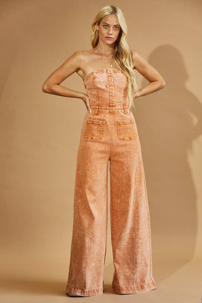 WISTERIA LANE - BOHO MINERAL WASH WIDE LEG DENIM JUMPSUIT