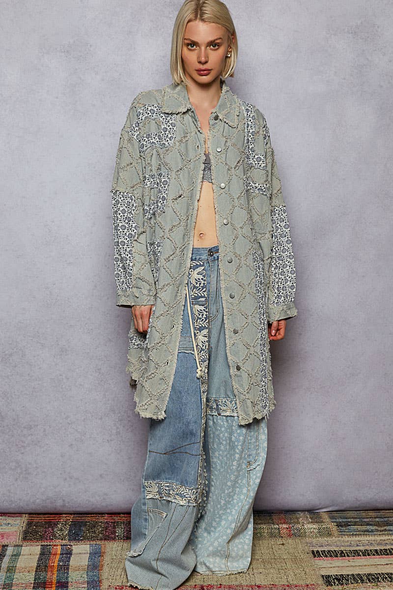 Pol Clothing - Oversize balloon long sleeve crochet print patch shacket