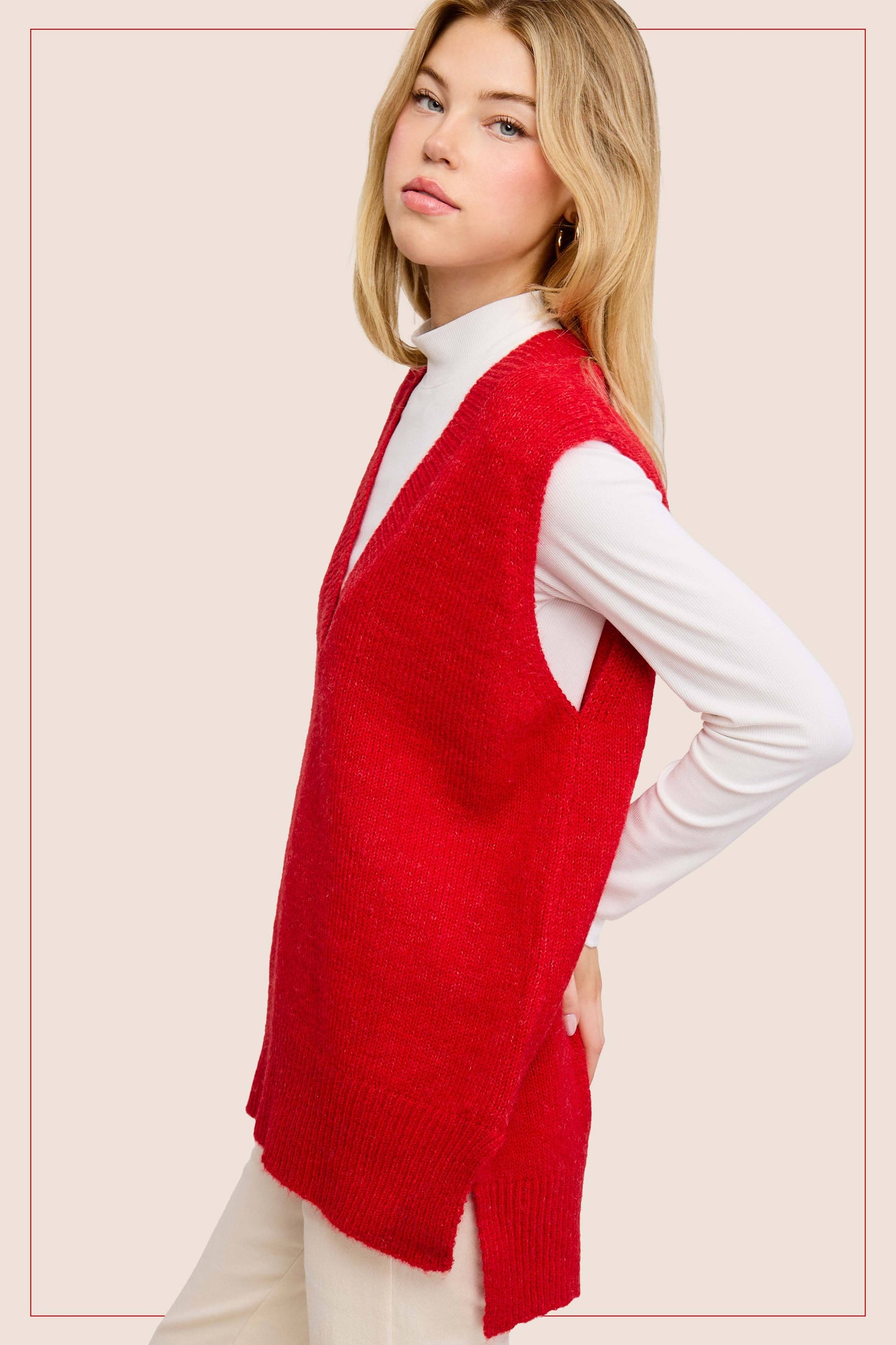 La Miel - MCS3589-Oversized Soft Knit Sweater Vest with Side Slit