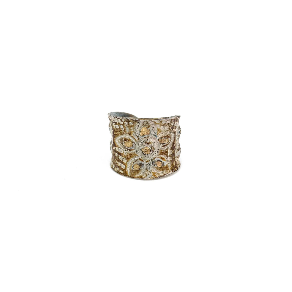 Anju Jewelry - Brass Patina Ring - Warm Brown and White Large Flower
