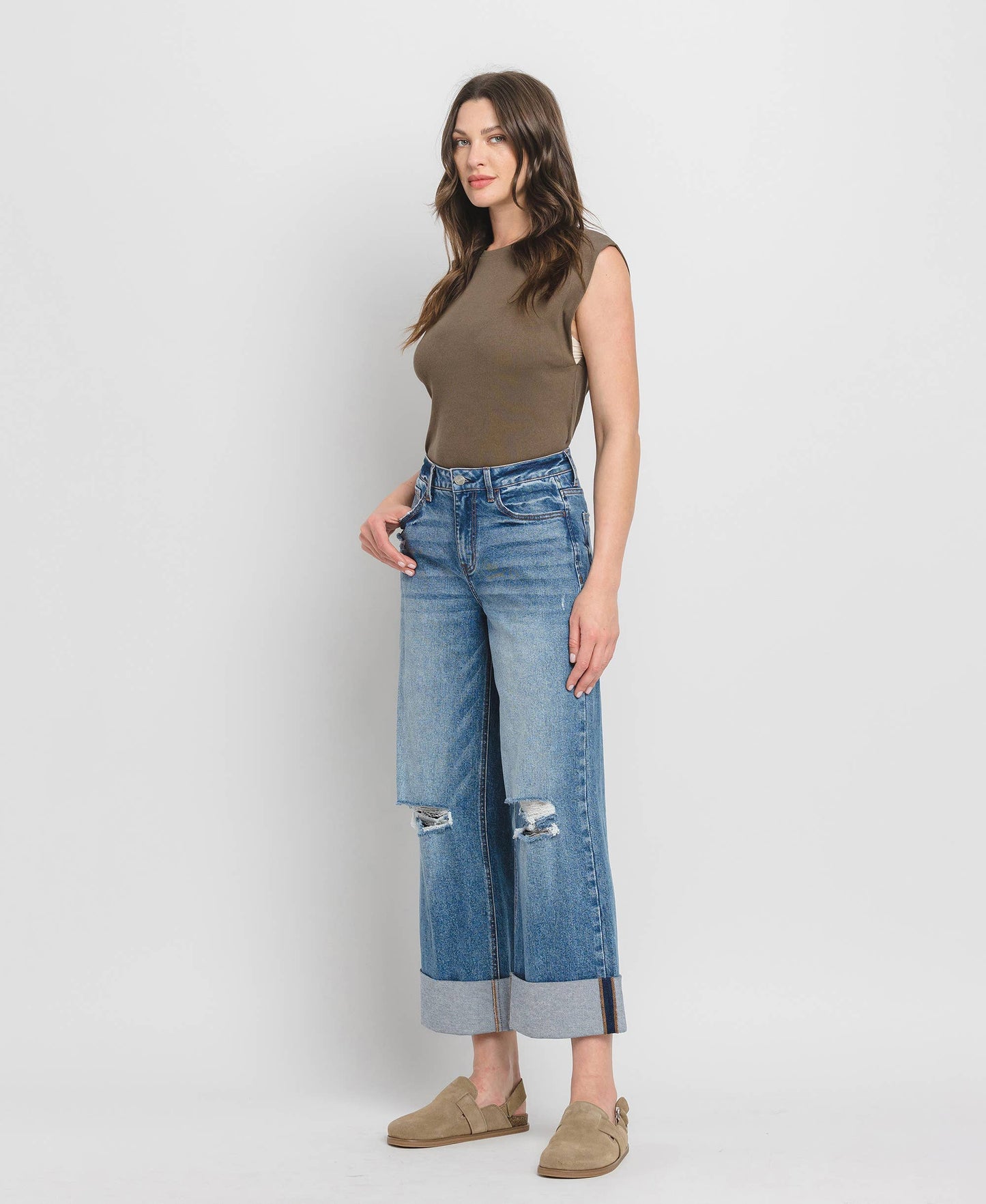 Lovervet by VERVET - SUPER HIGH RISE DOUBLE CUFFED BAGGY WIDE JEANS LV1459