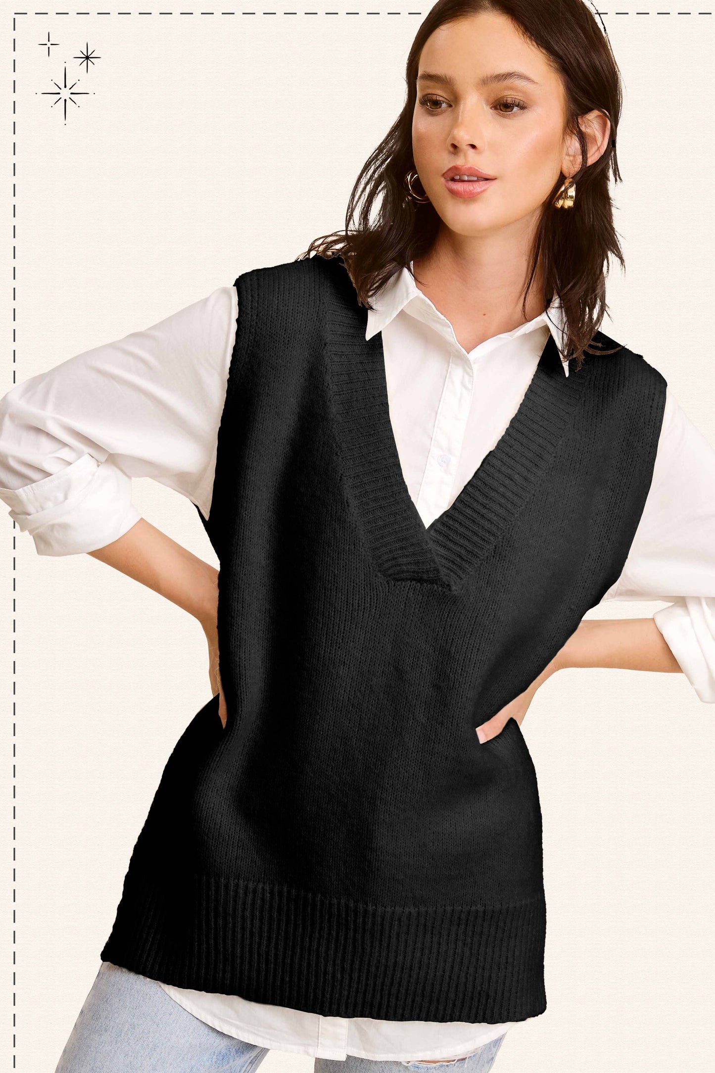 La Miel - MCS3589-Oversized Soft Knit Sweater Vest with Side Slit